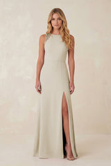 Round Neck Sheath Chiffon Appliqued Bridesmaid Dress in Dove Gray - KISS BRIDAL Bridesmaid Dresses