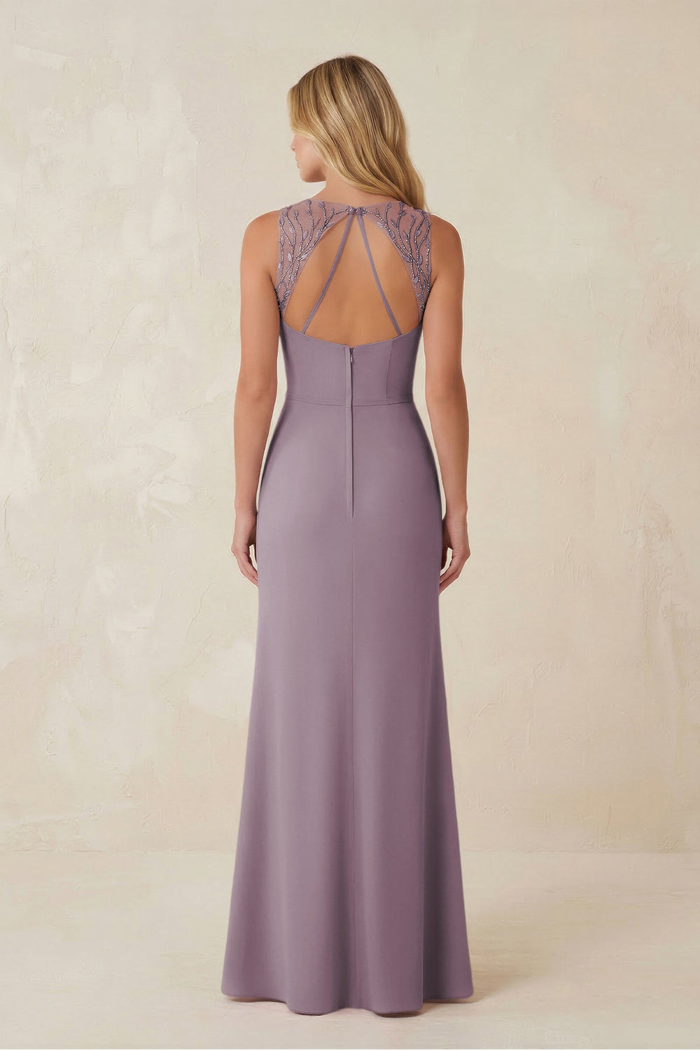 Round Neck Sheath Chiffon Appliqued Bridesmaid Dress in Dusk