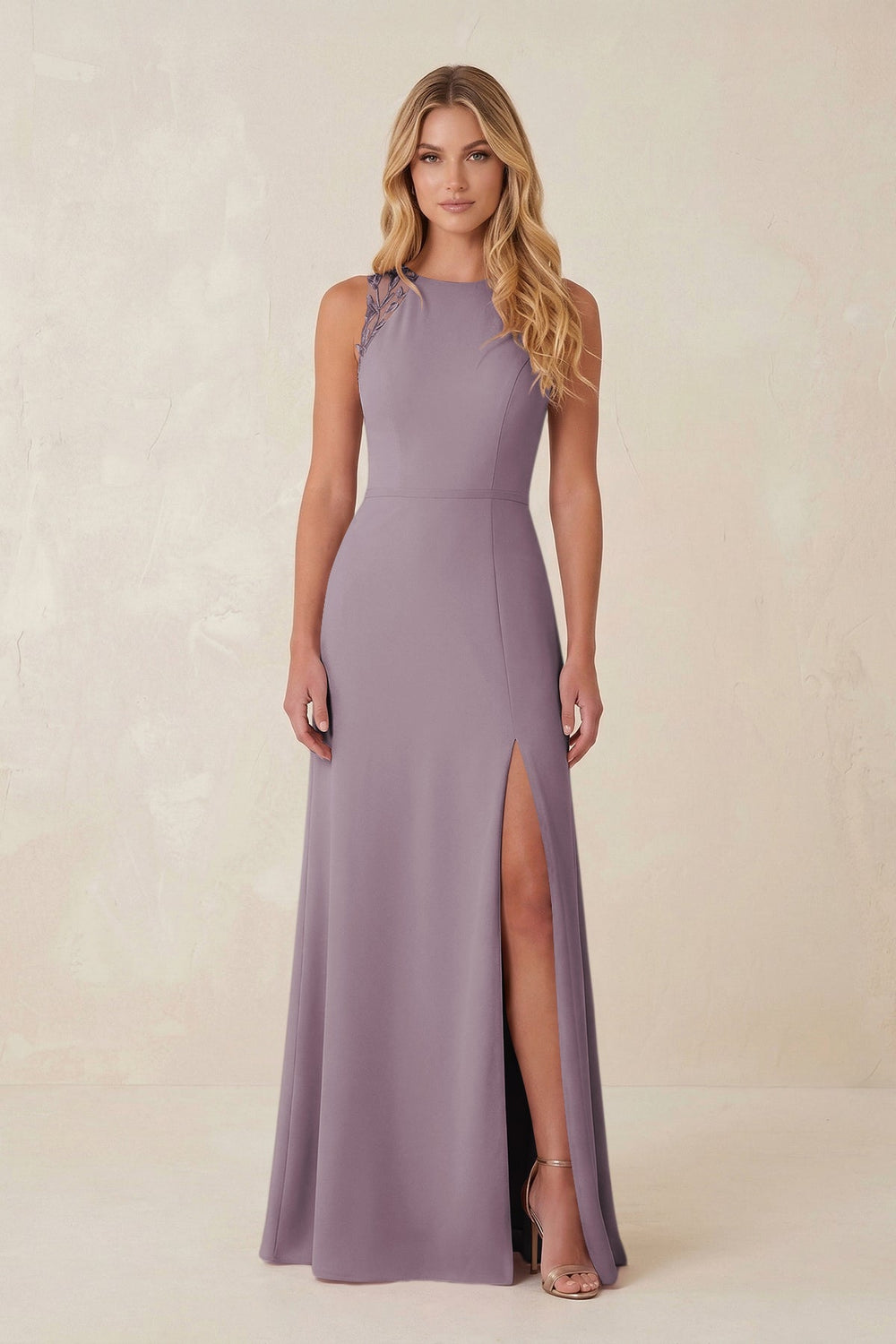 Round Neck Sheath Chiffon Appliqued Bridesmaid Dress in Dusk