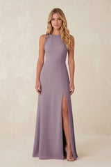 Round Neck Sheath Chiffon Appliqued Bridesmaid Dress in Dusk | KISSBRIDAL