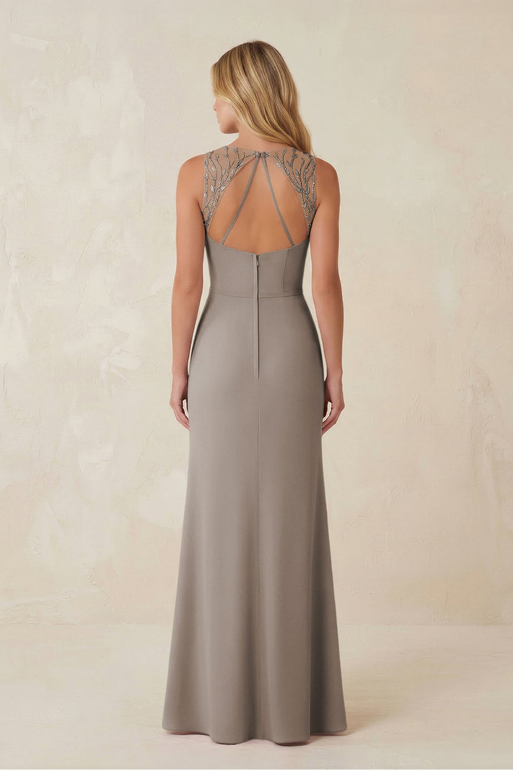 Round Neck Sheath Chiffon Appliqued Bridesmaid Dress in Frost