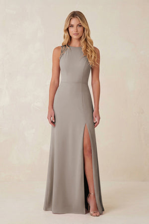 Round Neck Sheath Chiffon Appliqued Bridesmaid Dress in Frost | KISSBRIDAL