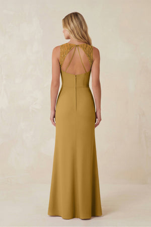 Round Neck Sheath Chiffon Appliqued Bridesmaid Dress in Marigold (2) | KISSBRIDAL