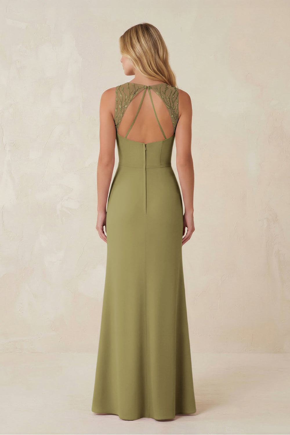 Round Neck Sheath Chiffon Appliqued Bridesmaid Dress in Moss Green