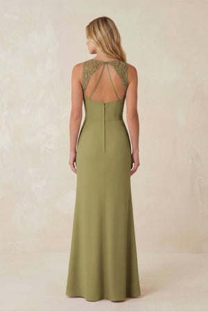 Round Neck Sheath Chiffon Appliqued Bridesmaid Dress in Moss Green (2) | KISSBRIDAL
