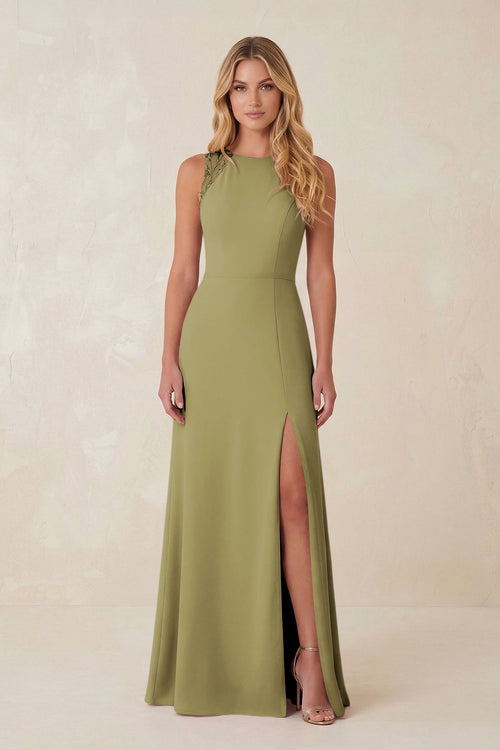 Round Neck Sheath Chiffon Appliqued Bridesmaid Dress in Moss Green | KISSBRIDAL