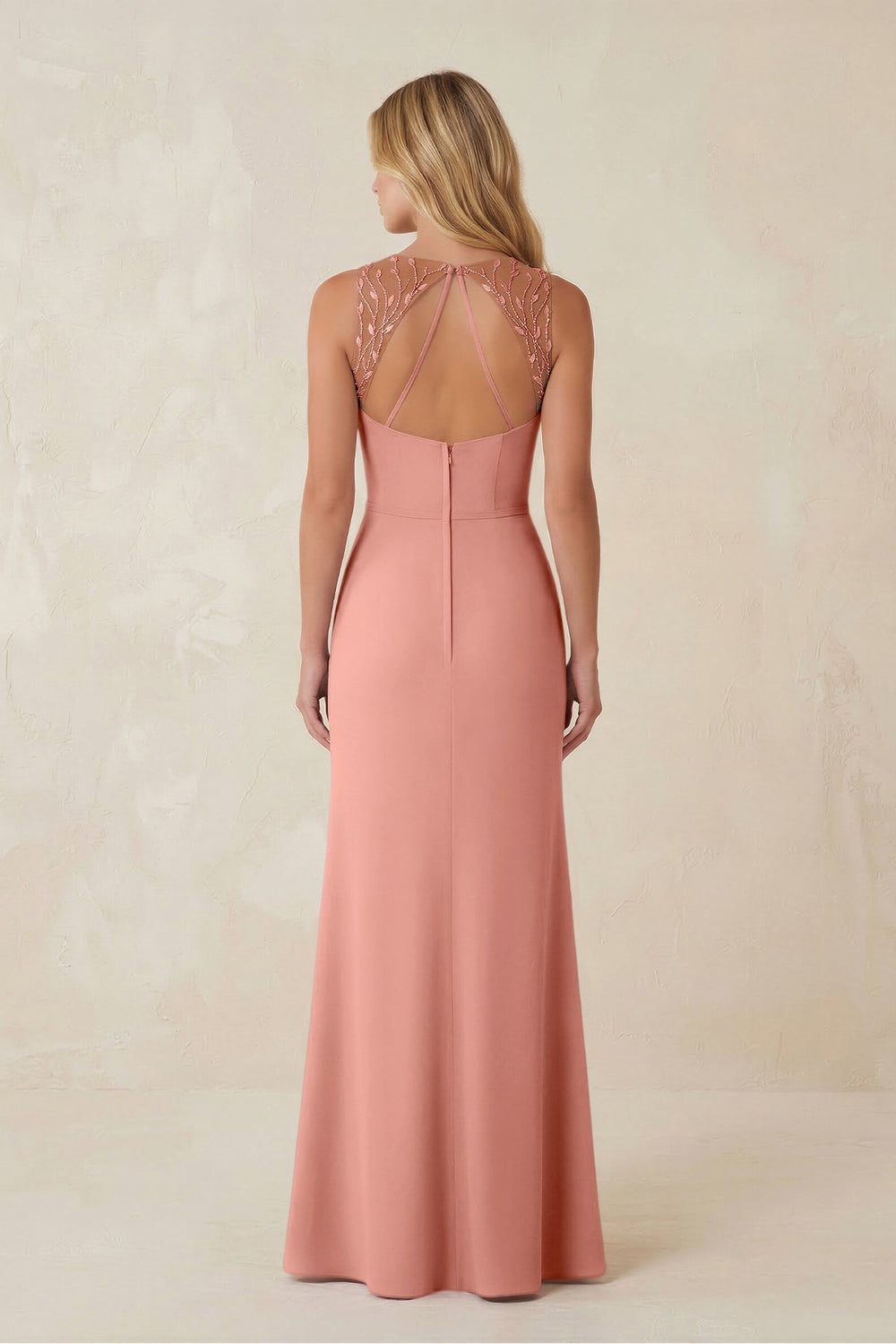 Round Neck Sheath Chiffon Appliqued Bridesmaid Dress in Rosette