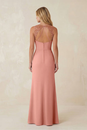 Round Neck Sheath Chiffon Appliqued Bridesmaid Dress in Rosette (2) | KISSBRIDAL