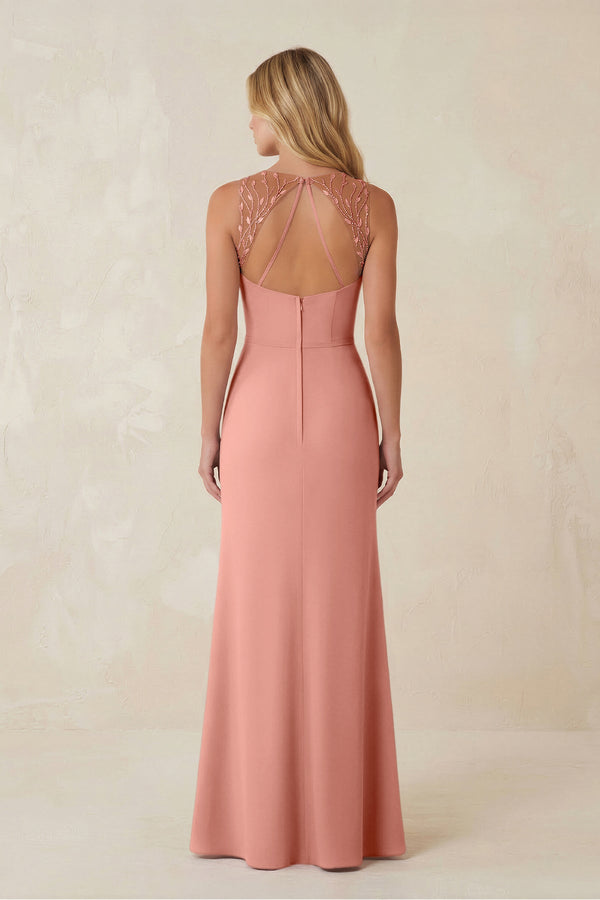 Round Neck Sheath Chiffon Appliqued Bridesmaid Dress in Rosette (2) | KISSBRIDAL