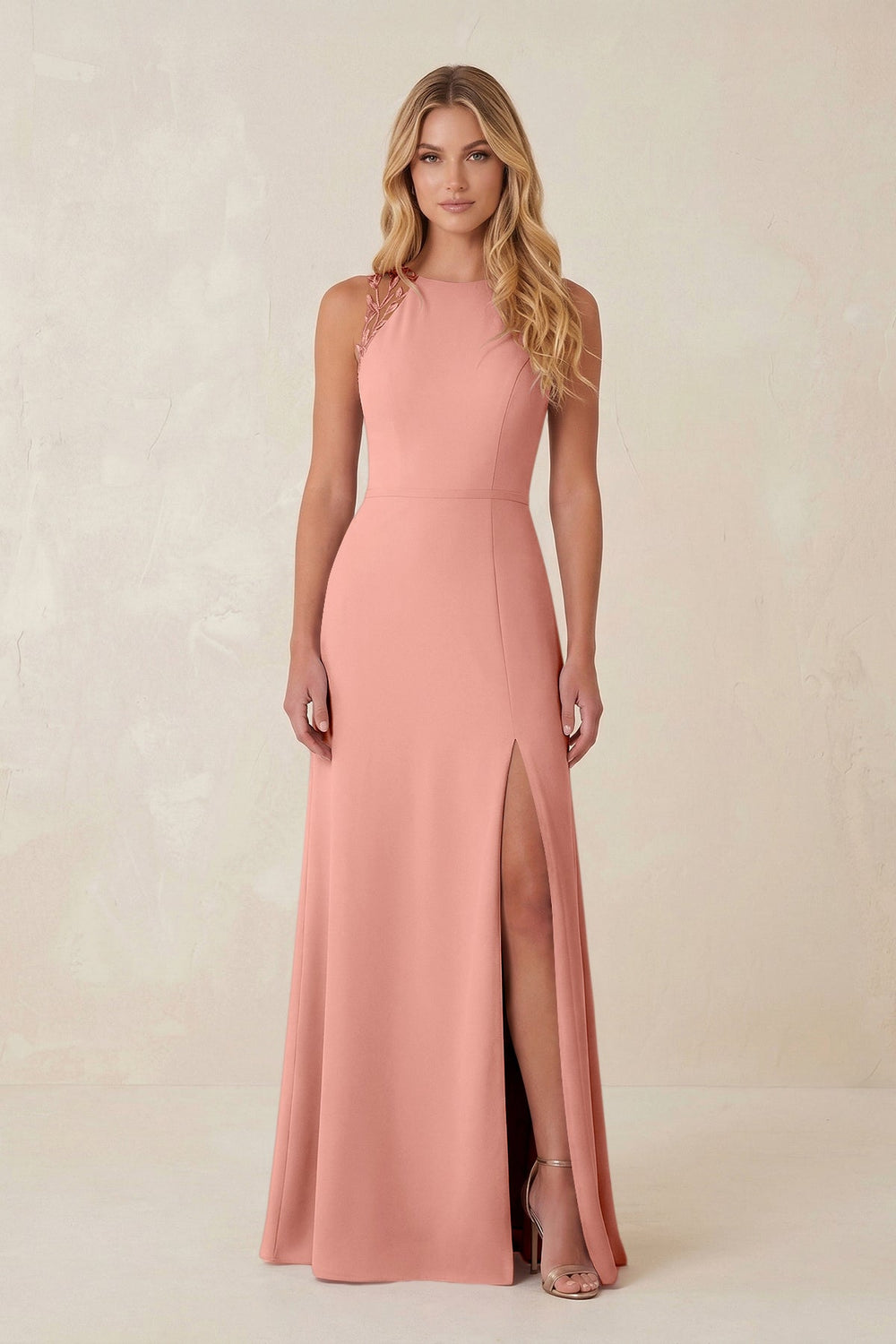 Round Neck Sheath Chiffon Appliqued Bridesmaid Dress in Rosette