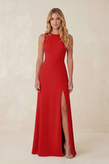 Round Neck Sheath Chiffon Appliqued Bridesmaid Dress in Ruby Red - KISS BRIDAL Bridesmaid Dresses