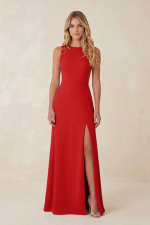 Round Neck Sheath Chiffon Appliqued Bridesmaid Dress in Ruby Red - KISS BRIDAL Bridesmaid Dresses