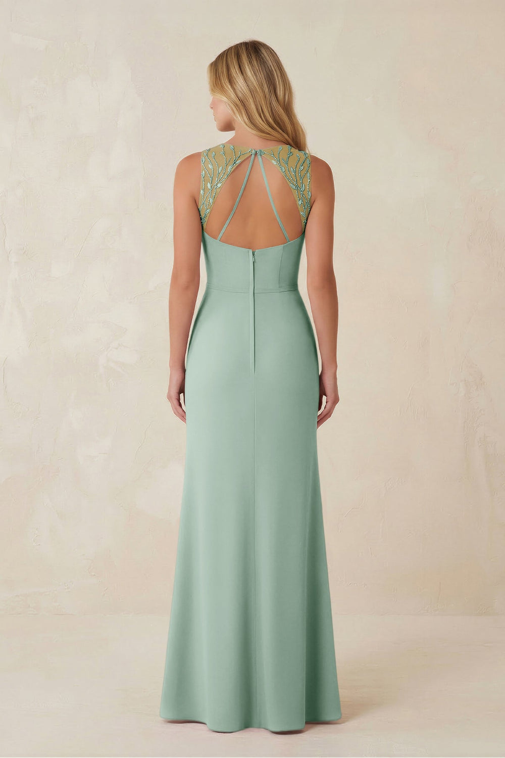 Round Neck Sheath Chiffon Appliqued Bridesmaid Dress in Sage