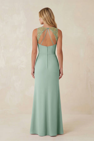 Round Neck Sheath Chiffon Appliqued Bridesmaid Dress in Sage (2) | KISSBRIDAL