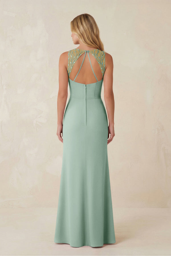 Round Neck Sheath Chiffon Appliqued Bridesmaid Dress in Sage (2) | KISSBRIDAL