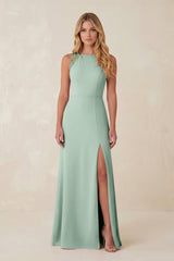 Round Neck Sheath Chiffon Appliqued Bridesmaid Dress in Sage | KISSBRIDAL