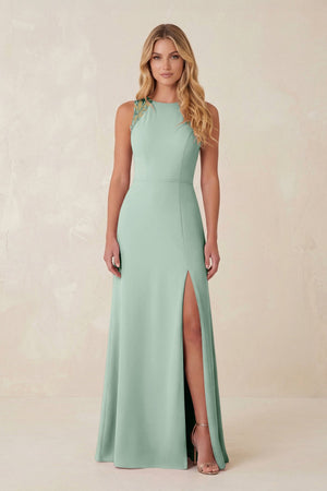 Round Neck Sheath Chiffon Appliqued Bridesmaid Dress in Sage | KISSBRIDAL
