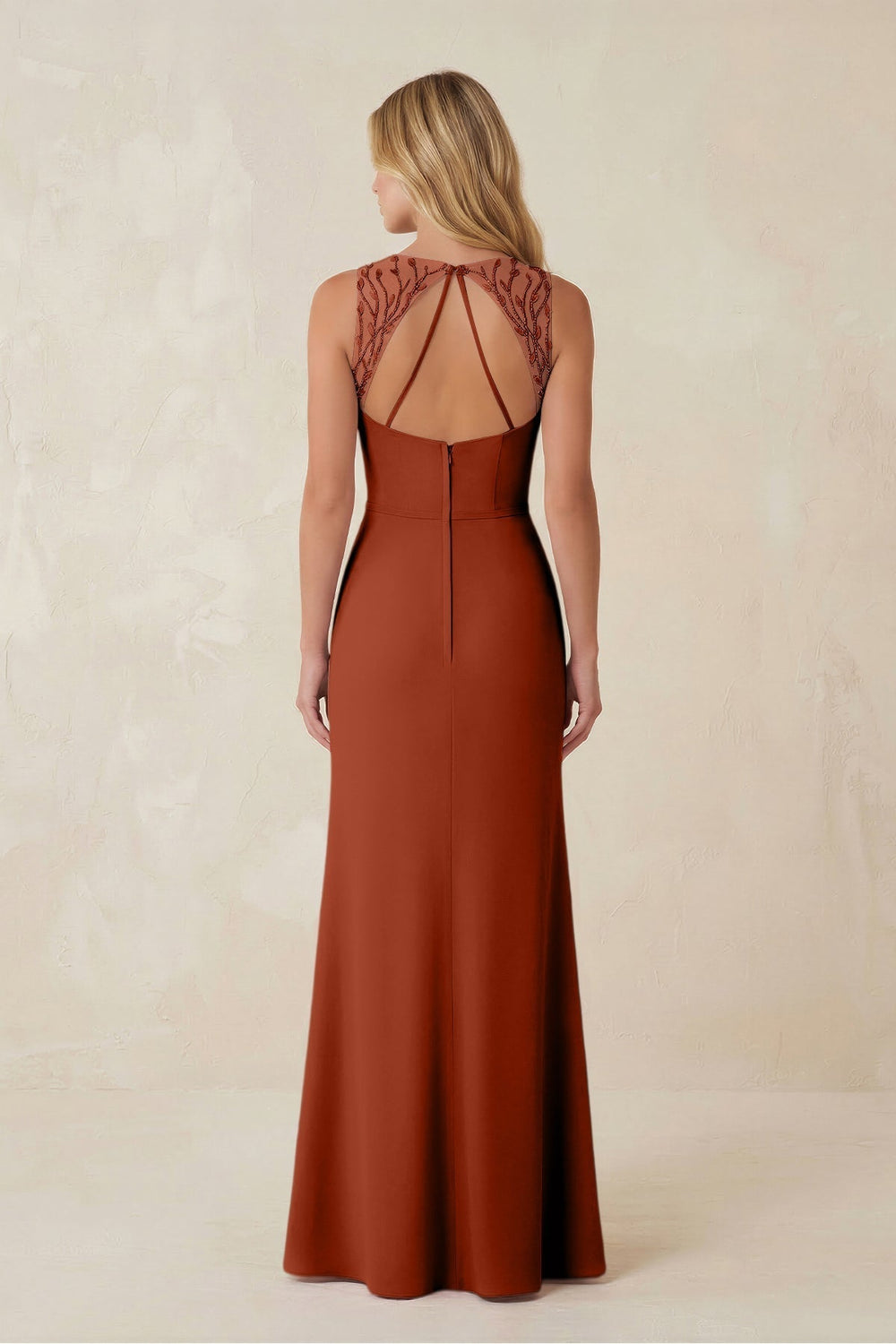 Round Neck Sheath Chiffon Appliqued Bridesmaid Dress in Spice