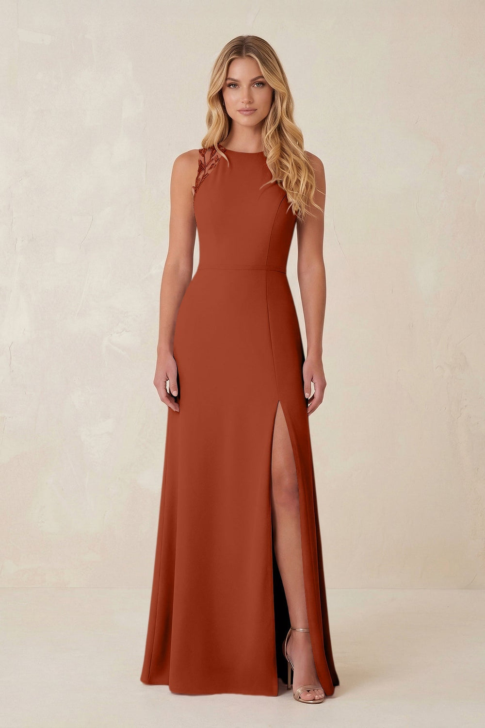 Round Neck Sheath Chiffon Appliqued Bridesmaid Dress in Spice