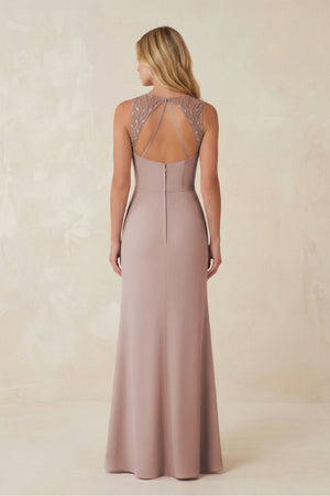 Round Neck Sheath Chiffon Appliqued Bridesmaid Dress in Toffee (2) | KISSBRIDAL