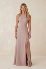 Round Neck Sheath Chiffon Appliqued Bridesmaid Dress in Toffee | KISSBRIDAL