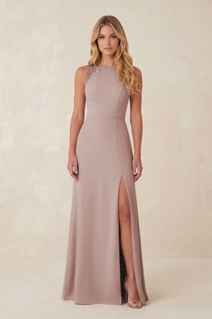 Round Neck Sheath Chiffon Appliqued Bridesmaid Dress in Toffee | KISSBRIDAL