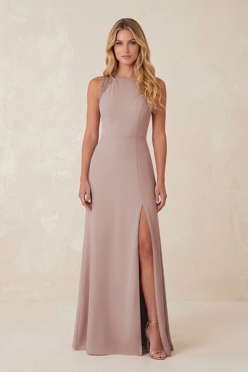 Round Neck Sheath Chiffon Appliqued Bridesmaid Dress in Toffee | KISSBRIDAL