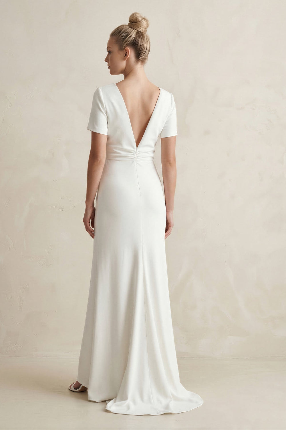 High Neck Sheath Satin Short Sleeve Wedding Dress in White