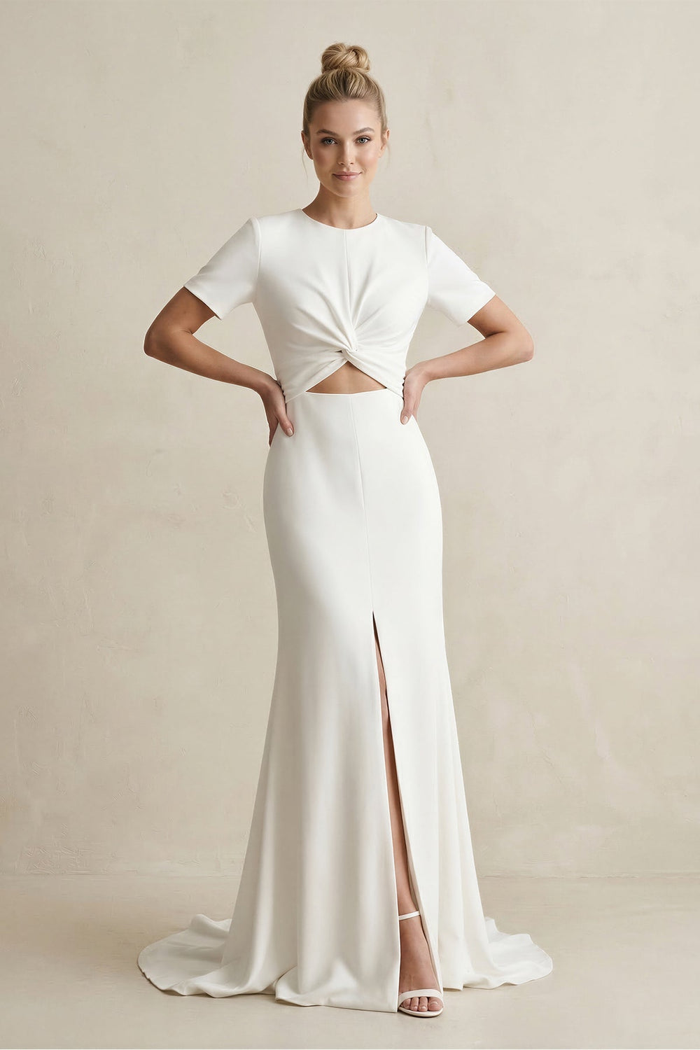 High Neck Sheath Satin Short Sleeve Wedding Dress in White