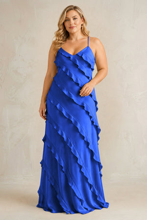 Royal Blue Spaghetti Straps Sheath Stain Ruffled Bridesmaid Dress | KISSBRIDAL[sizeplus]