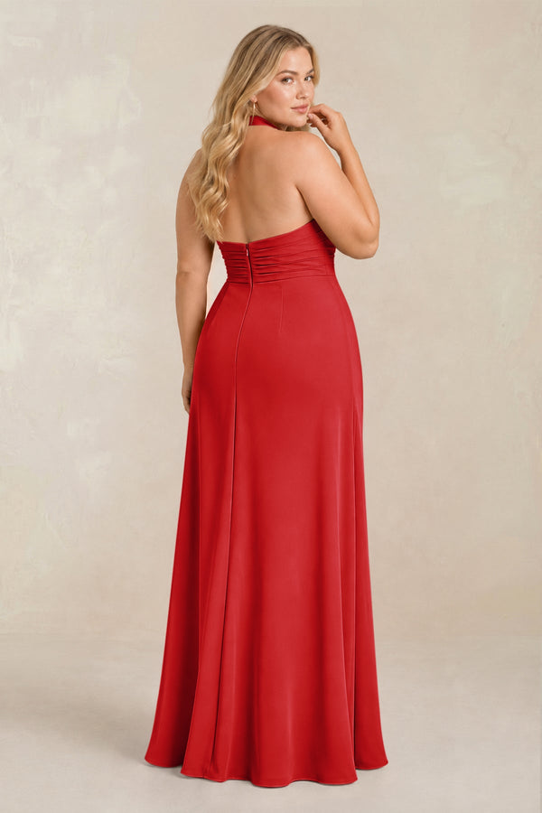 Ruby Red High Neck Chiffon Sheath Ruched Bridesmaid Dress (2) [sizeplus] | KISSBRIDAL