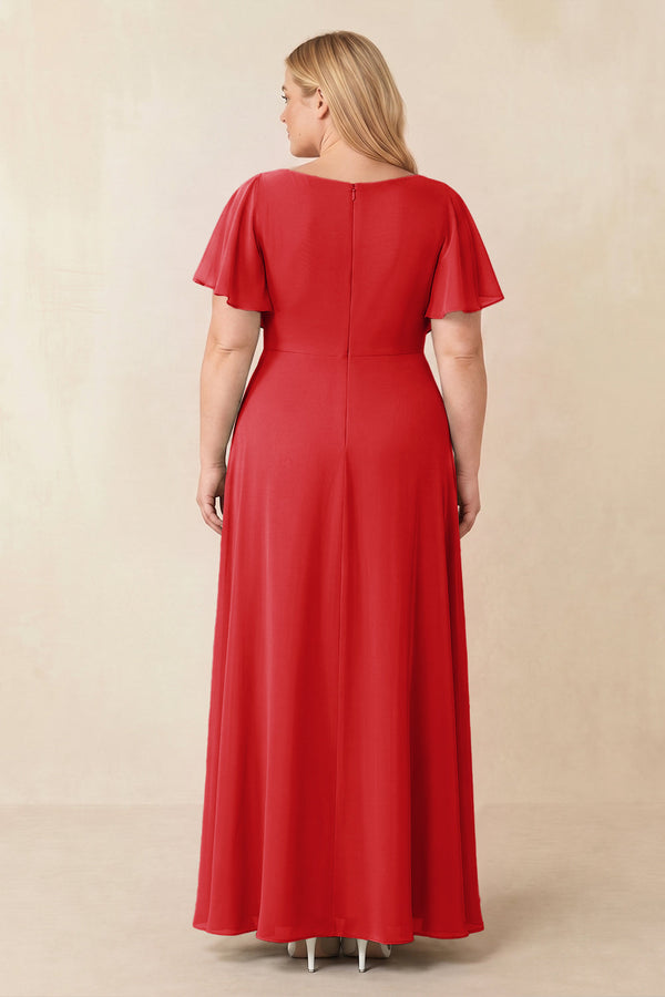 Ruby Red Short Sleeves Bateau A-Line Chiffon Bridesmaid Dress (2) [sizeplus] | KISSBRIDAL