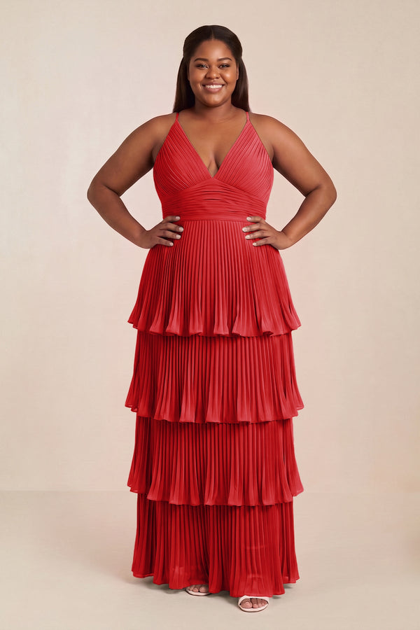Ruby Red Tiered Pleated V-Neck A-Line Chiffon Bridesmaid Dress [sizeplus] | KISSBRIDAL
