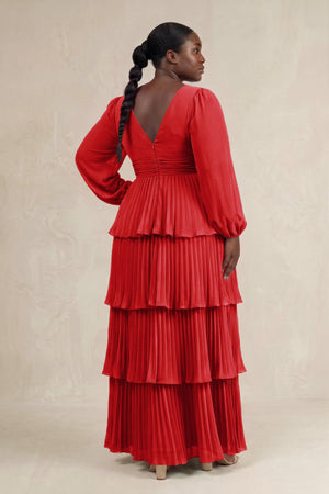 Ruby Red V-Neck Tiered A-Line Long Sleeve Bridesmaid Dress (2) [sizeplus] | KISSBRIDAL