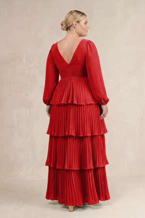 Ruby Red V-Neck Tiered A-Line Long Sleeve Bridesmaid Dress (4) [sizeplus] | KISSBRIDAL