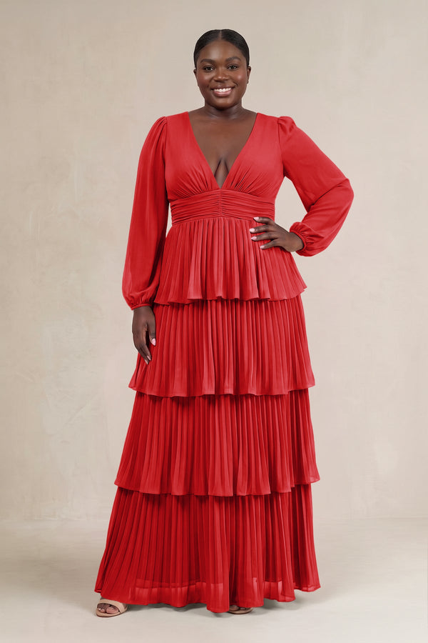 Ruby Red V-Neck Tiered A-Line Long Sleeve Bridesmaid Dress [sizeplus] | KISSBRIDAL