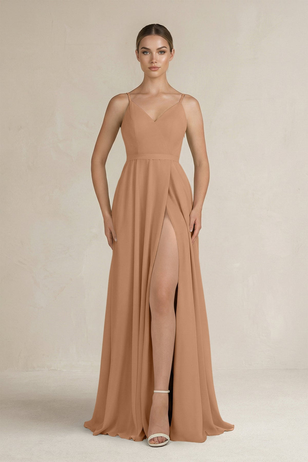 Ruched A-Line Chiffon Bridesmaid Dress with Slit in Bronzer