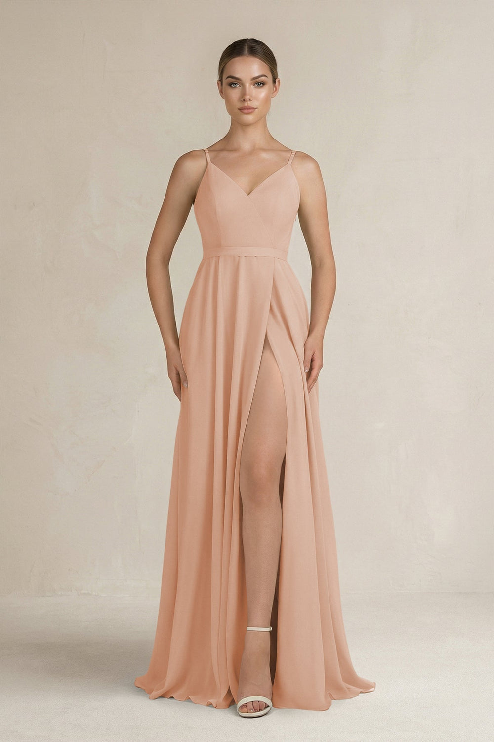 Ruched A-Line Chiffon Bridesmaid Dress with Slit in Champagne Rose