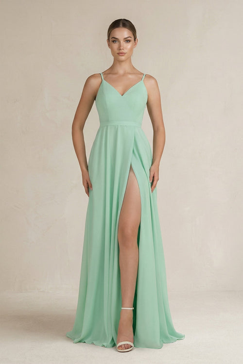 Ruched A-Line Chiffon Bridesmaid Dress with Slit in Pale Pistachio - KISS BRIDAL BRIDESMAID DRESSES