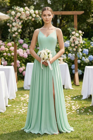 Ruched A-Line Chiffon Bridesmaid Dress with Slit in Pale Pistachio - KISS BRIDAL BRIDESMAID DRESSES