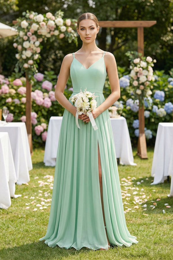 Ruched A-Line Chiffon Bridesmaid Dress with Slit in Pale Pistachio - KISS BRIDAL BRIDESMAID DRESSES