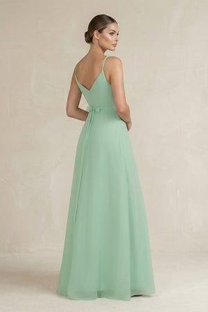 Ruched A-Line Chiffon Bridesmaid Dress with Slit in Pale Pistachio - KISS BRIDAL BRIDESMAID DRESSES