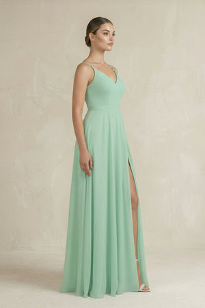 Ruched A-Line Chiffon Bridesmaid Dress with Slit in Pale Pistachio - KISS BRIDAL BRIDESMAID DRESSES