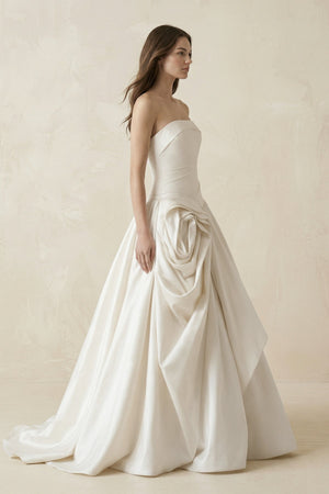 Ruched A - Line Strapless Satin Wedding Dress in White - KISS BRIDAL Wedding Dresses