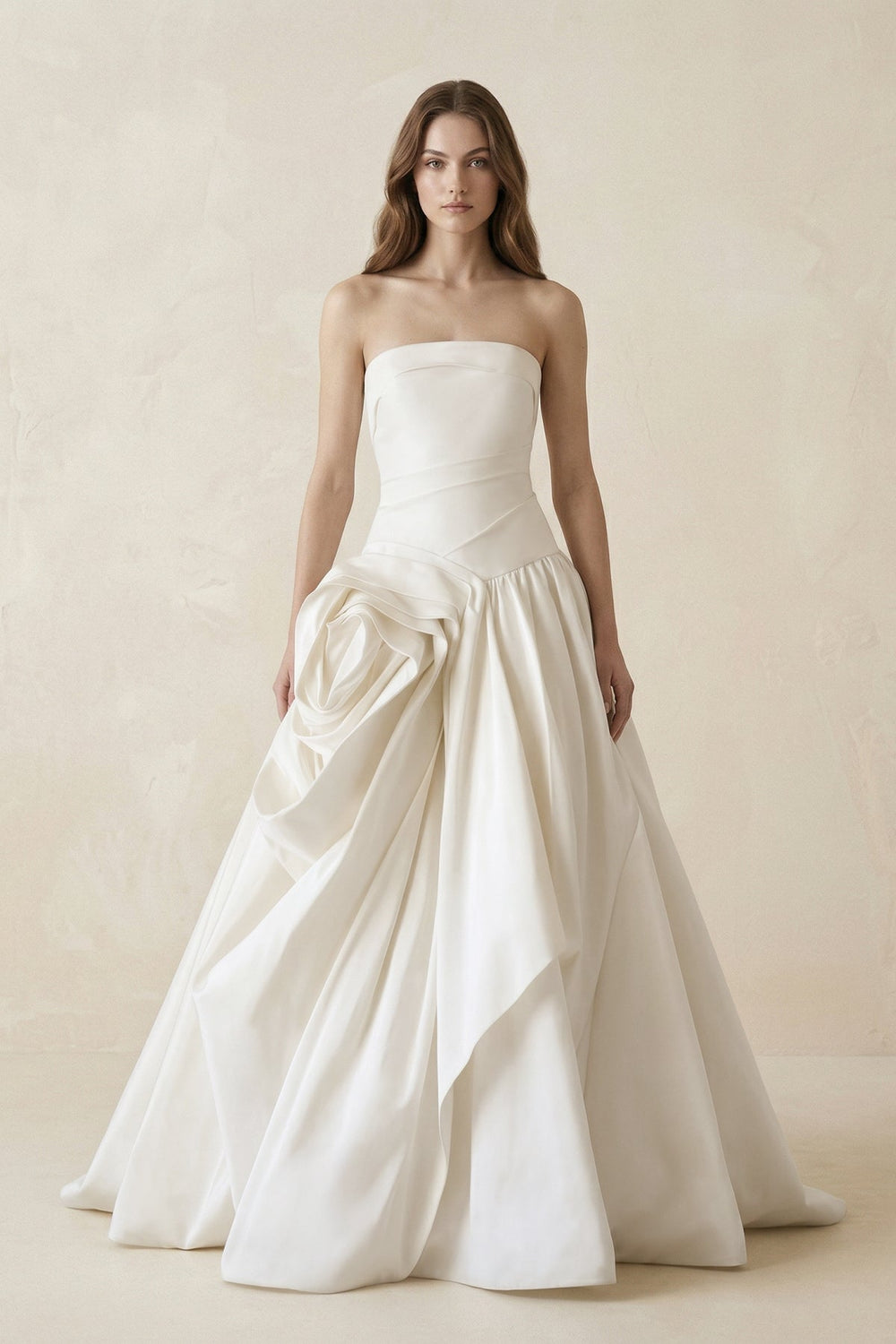 Ruched A-Line Strapless Satin Wedding Dress in White