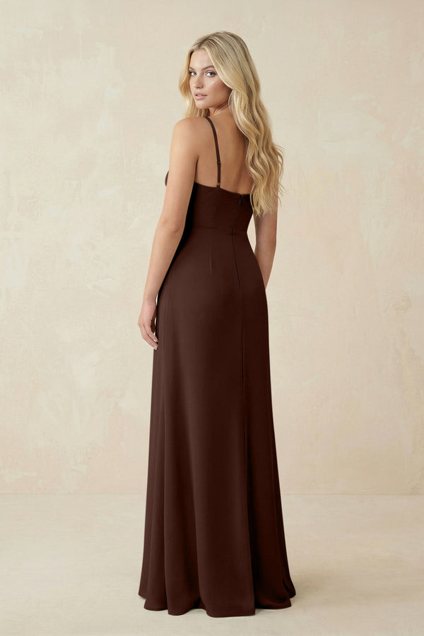 Ruched Sheath Spaghetti Strap Chiffon Bridesmaid Dress in Espresso - KISS BRIDAL BRIDESMAID DRESSES