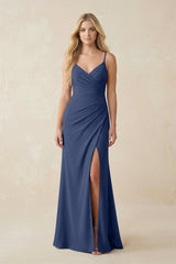 Ruched Sheath Spaghetti Strap Chiffon Bridesmaid Dress in Navy - KISS BRIDAL BRIDESMAID DRESSES
