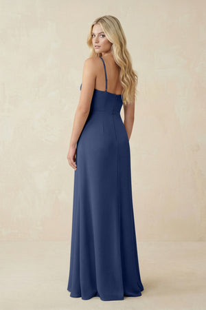 Ruched Sheath Spaghetti Strap Chiffon Bridesmaid Dress in Navy - KISS BRIDAL BRIDESMAID DRESSES