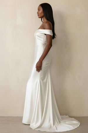 Ruched Off - the - Shoulder Satin Mermaid Wedding Dress in Ivory - KISS BRIDAL Wedding Dresses