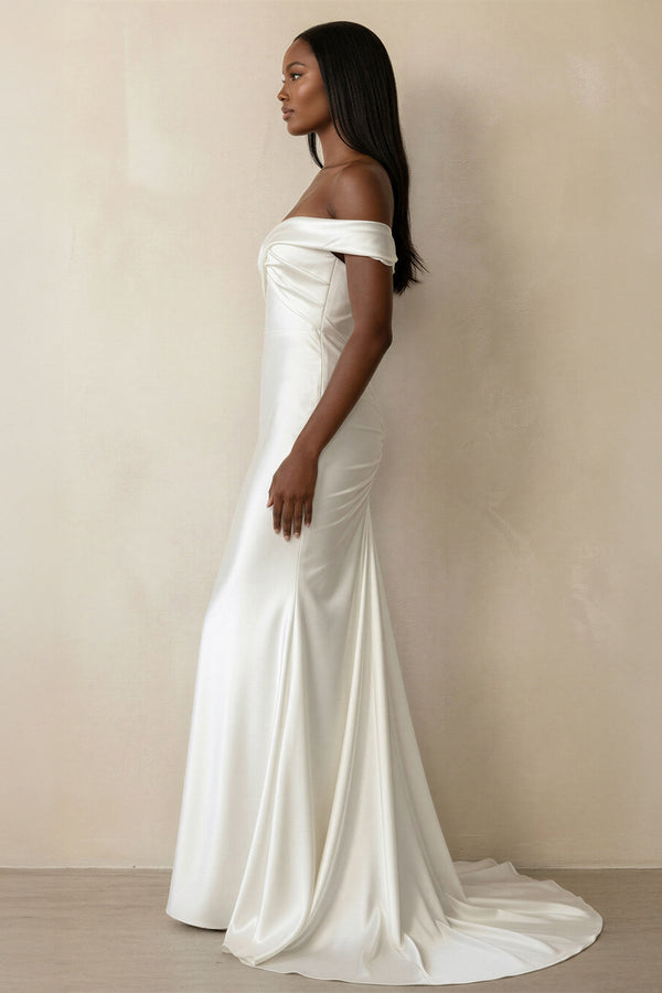 Ruched Off - the - Shoulder Satin Mermaid Wedding Dress in Ivory - KISS BRIDAL Wedding Dresses